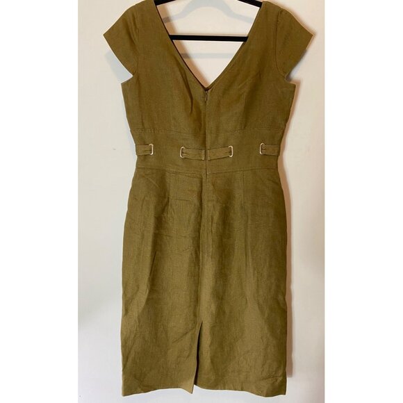 Talbots Olive Green Linen Midi Dress V-Neck Cap Sleeves Belted Waist Size 6 - Picture 2 of 10